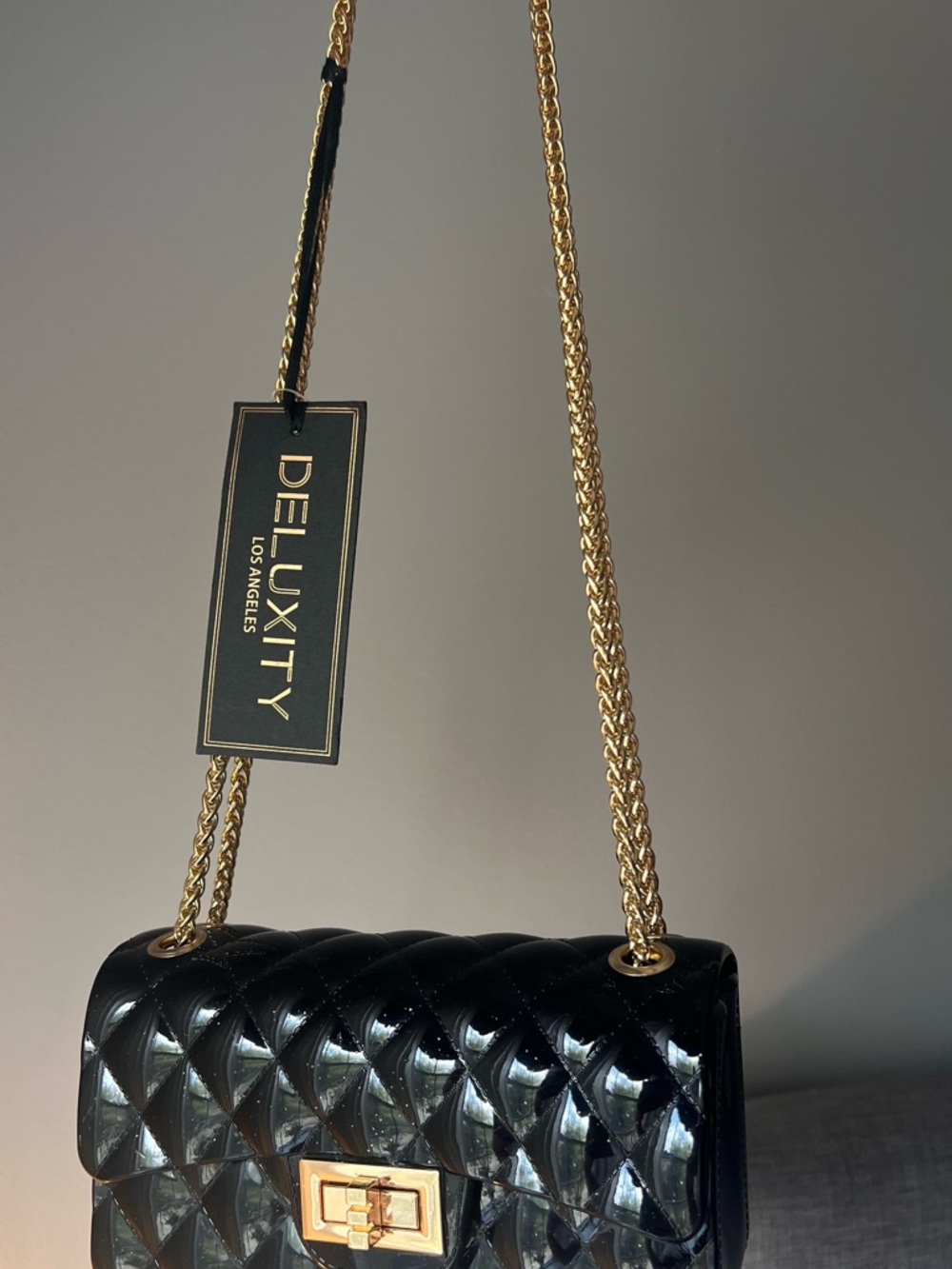 DELUXITY Black Quilted Shoulder Bag with Gold Chain Strap
